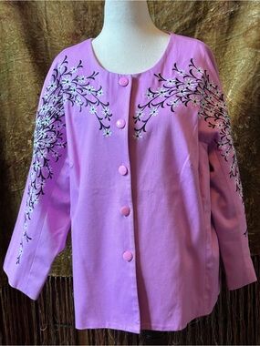 Bob Mackie Lilac Embroidered Floral Button-Front Jacket